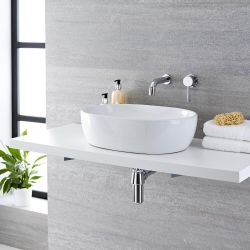 Milano Overton - White Modern Oval Countertop Basin with Wall Mounted Mixer Tap - 480mm x 350mm (No Tap-Holes)