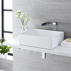 Milano Westby - White Modern Rectangular Countertop Basin with Wall Mounted Mixer Tap - 490mm x 390mm