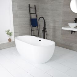 Milano Overton - White Modern Oval Double-Ended Freestanding Bath - 1555mm x 745mm - Choice of Overflow Finish