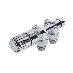 Milano - Chrome Thermostatic H-Block Angled Radiator Valves - 15mm Copper Euro Cone Adapters