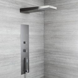 Milano Ryukyu - Modern Concealed Thermostatic Shower Tower Panel with Waterfall Shower Head, Hand Shower and Body Jets - Gun Metal Grey