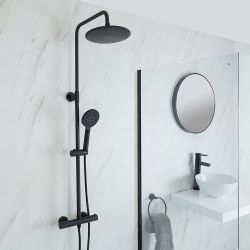 Milano Nero - Modern Thermostatic Bar Shower Valve with Round Shower Head and Hand shower - Black