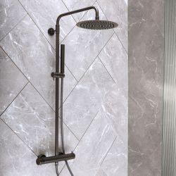 Milano Otto - Modern Round Thermostatic Bar Shower Valve with Round Head and Hand Shower - Black Nickel
