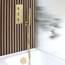 Milano Lyra - Thermostatic Shower with Hand Shower and Overflow Bath Filler (2 Outlet) - Brushed Brass