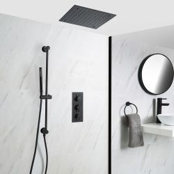 Milano Nero - Black Thermostatic Shower with Recessed Shower Head and Riser Rail with Hand Shower (2 Outlet)
