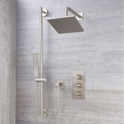 Milano Hunston - Brushed Nickel Thermostatic Shower with Shower Head, Hand Shower and Riser Rail (2 Outlet)