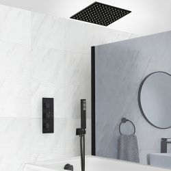 Milano Preto - Black Thermostatic Shower with Diverter, Recessed Shower Head, Hand Shower and Overflow Bath Filler (3 Outlet)