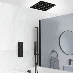 Milano Preto - Black Thermostatic Shower with Diverter, Recessed Shower Head, Riser Rail with Hand Shower and Overflow Bath Filler (3 Outlet)