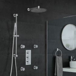 Milano Mirage - Chrome Thermostatic Shower with Diverter, Wall Mounted Shower Head, Hand Shower, Body Jets and Riser Rail (3 Outlet)