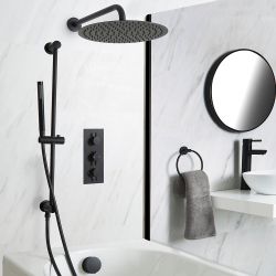 Milano Nero - Black Thermostatic Shower with Shower Head, Overflow Bath Filler and Riser Rail with Hand Shower (3 Outlet)
