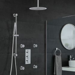 Milano Mirage - Chrome Thermostatic Shower with Diverter, Ceiling Mounted Shower Head, Hand Shower, Body Jets and Riser Rail (3 Outlet)