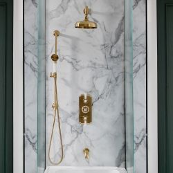 Milano Elizabeth - Brushed Brass Traditional Thermostatic Shower with Diverter, Shower Head, Bath Spout and Riser Rail (3 Outlet)