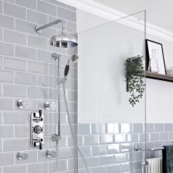 Milano Elizabeth - Chrome and Black Traditional Thermostatic Shower with Diverter, Shower Head, Body Jets and Riser Rail (3 Outlet)
