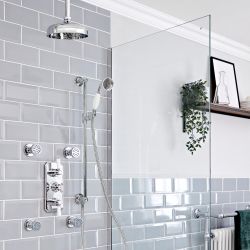 Milano Elizabeth - Chrome and White Traditional Thermostatic Shower with Diverter, Ceiling Mounted Shower Head, Riser Rail and Body Jets (3 Outlet)