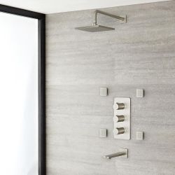 Milano Hunston - Triple Diverter Thermostatic Shower Valve, Square Head, Spout and Body Jets - Brushed Nickel (3 Outlet)