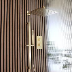 Milano Lyra - Twin Diverter Thermostatic Shower Valve with 300mm Shower Head and Riser Rail with Hand Shower (2 Outlet) - Brushed Brass
