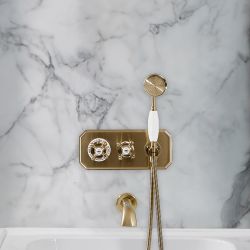Milano Elizabeth - Brushed Brass Traditional Thermostatic Shower with Diverter, Hand Shower and Bath Spout (2 Outlet)