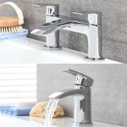 Milano Razor - Modern Basin and Matching Bath Filler Tap Set - Chrome