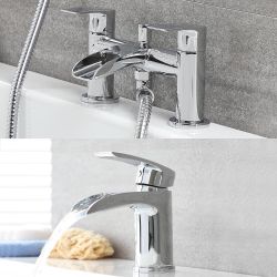 Milano Razor - Modern Waterfall Basin Tap with Matching Bath Mixer Tap and Hand Shower Set - Chrome