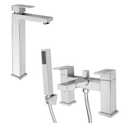Milano - Modern Square High Rise Basin Mixer and Bath Shower Mixer Tap Set - Choice of Finish