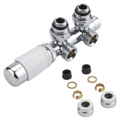 Milano - Chrome H-Block Angled Valve With White TRV Head - 15mm Copper Adapters