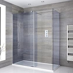 Milano Portland-Luna - Smoked Glass Corner Walk-In Chrome Shower Enclosure with Tray - Choice of Size and Hinged Return Panel Option