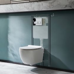 Milano Overton - White Modern Rimless Wall Hung Toilet with Tall Wall Frame - Choice of Flush Plate