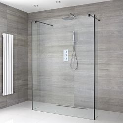Milano Nero - Open Walk-Through Wet Room Shower with Hinged Return Panels - Choice of Glass Size & Drain