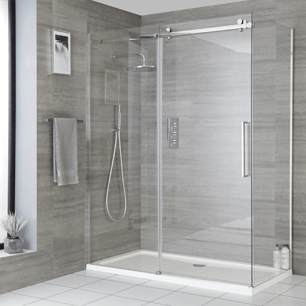 Milano Portland frameless sliding shower door with tray options and choice of sizes