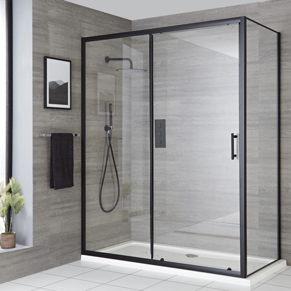 Milano Nero black sliding shower door available with side panel and choice of sizes